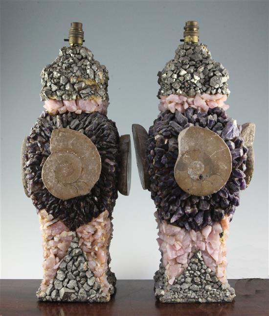 A pair of Anthony Redmile fossil and quartz encrusted square baluster table lamps, H.22in.